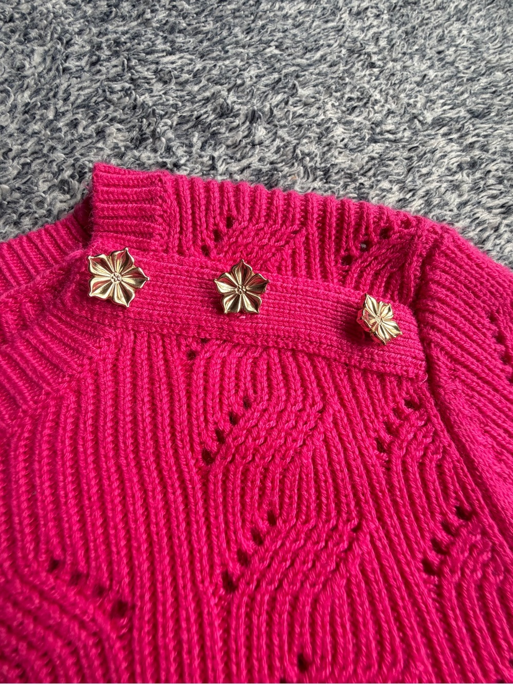 Talbots Hot Pink Crewneck Sweater with Gold Floral Buttons - Picture 6 of 11